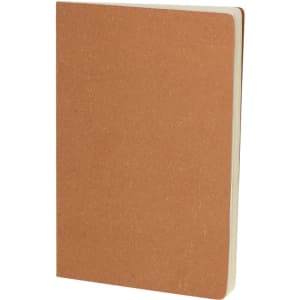 A brown notebook with a textured cover, featuring a logo on the front and blank interior pages.