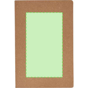 A brown notebook with a green accent and a blank rectangular space in the centre, featuring a logo.