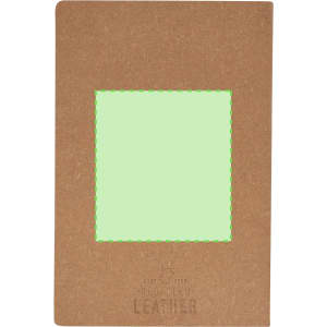 A brown notebook with a green stitched border and a blank green rectangle on the front, featuring a logo.