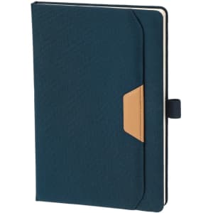 A dark blue notepad with a tan leather accent and an elastic closure. Features a logo on the cover.