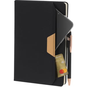 A black notepad with a leather-like pocket, featuring a pen, a card, and space for a phone. It has a logo.