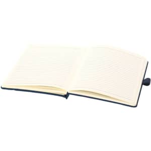 A notepad with lined pages, featuring a dark blue cover and a ribbon bookmark. It has a logo on the front.