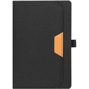A black notepad with an orange accent and a closure flap, featuring a logo on the front.