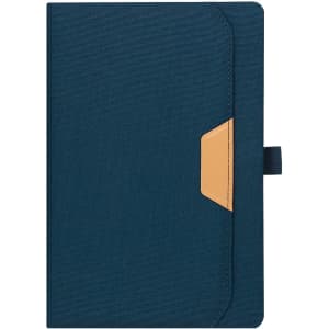 A navy notepad with a tan accent, featuring a cover and a closure strap. It has a logo on the front.