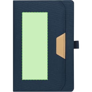 A navy notepad with a green accent and a tan leather tab, featuring a logo on the front cover.