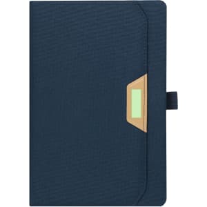 A navy notepad with a tan accent and a closure tab, featuring an embedded logo.