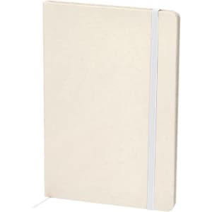 A cream-coloured notepad with a white elastic band, featuring a simple design and a logo.