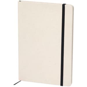 A notepad with a cream cover and black elastic band. It features a simple design with no visible branding.