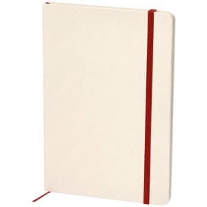 A cream notepad with a red elastic band closure, featuring a plain cover and a logo.