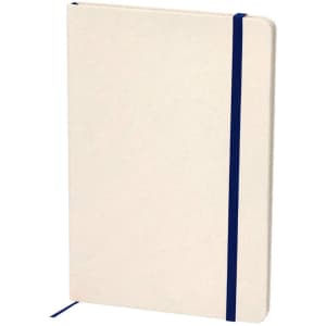 A notepad with a cream cover and a navy blue elastic band, featuring a matching ribbon bookmark.