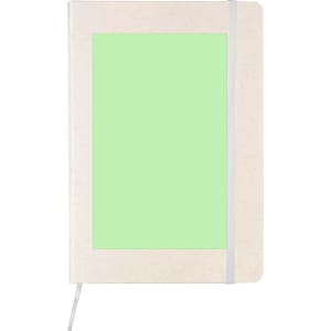 A notepad with a soft green cover, featuring a blank section, secured with a grey elastic band.