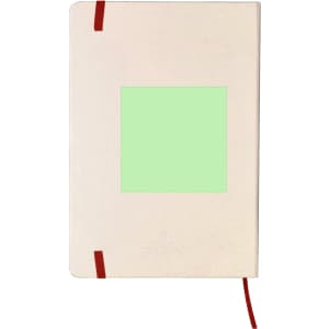 A cream-coloured notepad with a green square in the centre and a red elastic closure, featuring a branding logo.