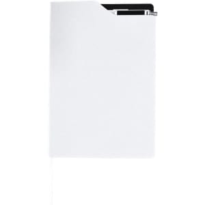 A white notepad with a pocket for holding a black pen, featuring a simple design and an interior notepad.