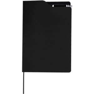 A black notepad with a pen tucked into the top, featuring a sleek, minimalist design.