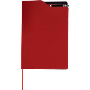 A red notepad with a pen holder, featuring a sleek design and ribbon bookmark. Includes a logo on the cover.