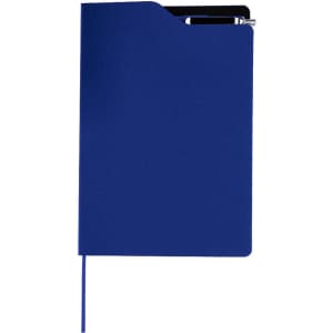A blue notepad with a folder-style cover, featuring a pen secured at the top. Includes a ribbon bookmark.