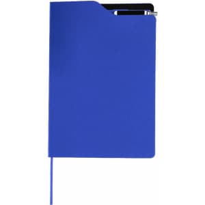 A blue notepad with a pen holder at the top, featuring a bookmark and a simple design. It has a logo on the front.