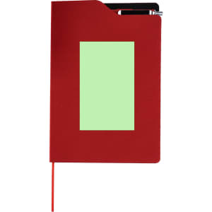 A red notepad with a green placeholder for a label, featuring a pen and clips attached.