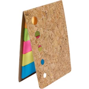 A cork notepad holder featuring colourful sticky notes in pink, green, blue, and yellow. Includes a branded logo.