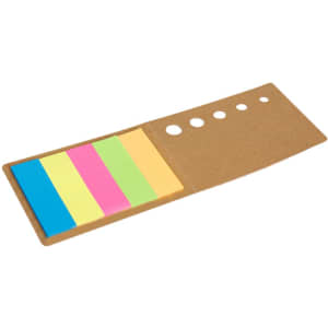A sticky notepad in a brown cardboard holder featuring blue, pink, green, and yellow sticky notes. It includes a logo.
