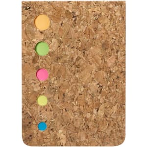 A cork sticky notepad featuring five coloured sticky dots in yellow, green, pink, and blue. It has a simple, natural design.
