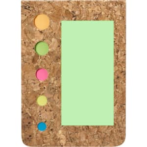 A cork sticky notepad with a green notepad area and four coloured sticky notes in yellow, green, pink, and blue.