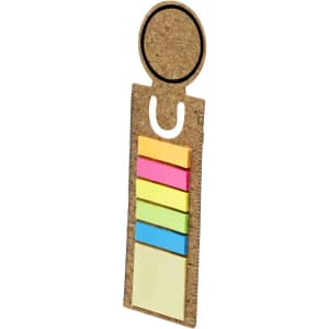 A cork ruler bookmark with an attached circular top and colourful sticky note sections in pink, yellow, blue, and green.