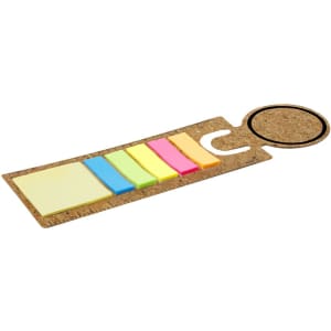 A cork bookmark with a ruler on one side and colourful sticky notes on the other. It has a circular cutout.