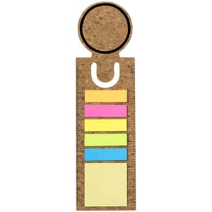 A cork ruler bookmark featuring multiple coloured sticky notes in pink, blue, green, and yellow, with a circular cutout at the top.