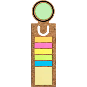 A cork bookmark with a circular top, featuring green, pink, blue, and yellow sticky note sections. It has a logo.