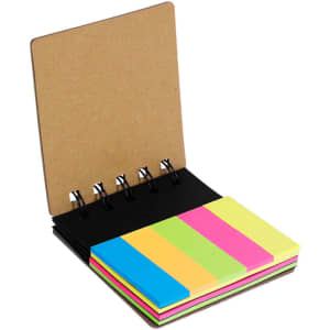 A notepad featuring a brown cover and bright sticky note sections in pink, yellow, green, and blue.