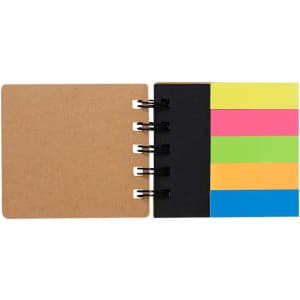 A notepad with a brown cover and five sections of sticky notes in pink, green, blue, and yellow. It has a logo.
