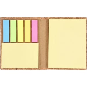 A notepad with yellow sheets, two sticky note pads, and colourful sticky tabs in blue, green, yellow, and pink.