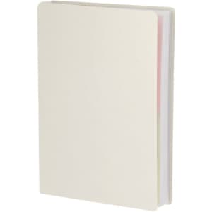 A notepad with a plain cream cover and multiple coloured pages inside, featuring a logo on the cover.
