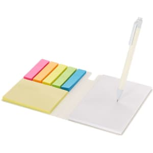 A notepad with a white pen and colourful sticky notes in pink, green, orange, and yellow. It also features a branding logo.