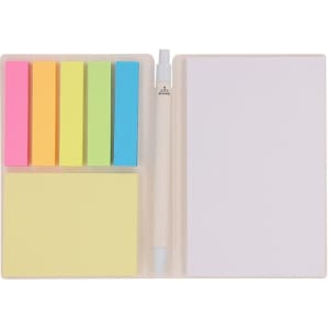 A notepad with a pen, featuring multicoloured sticky notes in pink, orange, yellow, green, and blue.