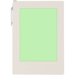 A notepad with a cream cover and a green inner section, featuring a clasp for secure closure. It has a logo on the cover.