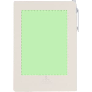 A notepad in a light cream colour featuring a green dotted frame and a clip at the top. It has a branding logo.