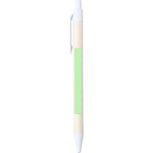 A white pen with a natural bamboo barrel and a green accent area for branding.