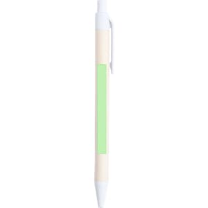 A white pen with a green accent and a clip, featuring a smooth barrel design and a branding area.