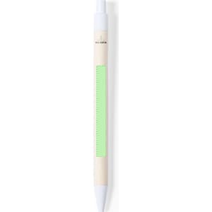 A white pen with a wooden barrel and a green highlight area, featuring a logo on the upper part.