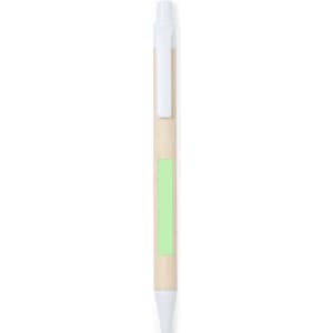 A biodegradable pen with a light wood finish and a white tip, featuring a green accent.