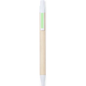 A wooden pen with a white tip and a green accent area. It features a simple, minimalistic design.