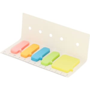 A collection of pastel sticky notes in pink, blue, green, and yellow, arranged on a white backing with a ruler.