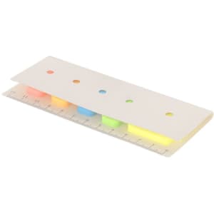 A notepad with a white cover featuring colourful sticky tabs in pink, yellow, green, and blue along one edge.