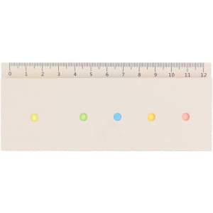 A notepad featuring a ruler design at the top with five coloured dots in green, blue, yellow, orange, and pink.