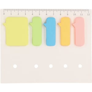 A set of coloured sticky notes in green, blue, yellow, orange, and pink, arranged on a white backing with measurement markings.