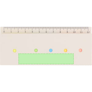 A notepad in cream colour featuring a ruler design at the top and colourful dots along with a green space for notes.