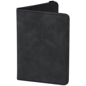 A black passport holder with an embossed logo, featuring a sleek and streamlined design.