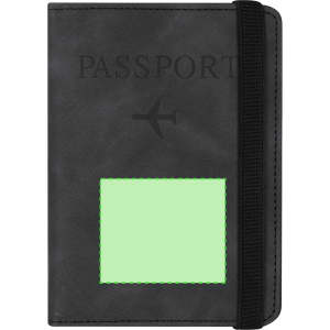 A black passport holder featuring a centred cut-out section and an airplane graphic, with a strap for closure.